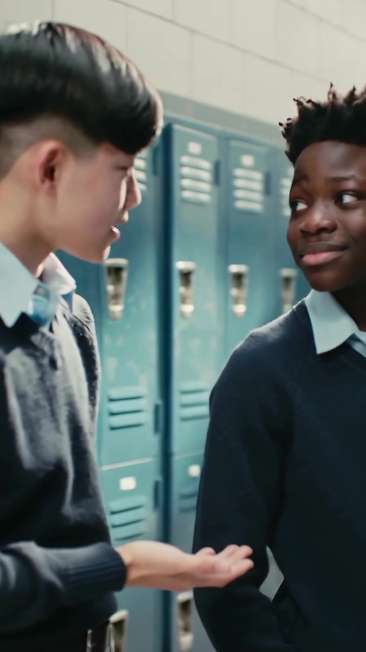 Vertical video: Smiling Asian boy leaning, gesturing and joking with pal in uniform by blue lockers