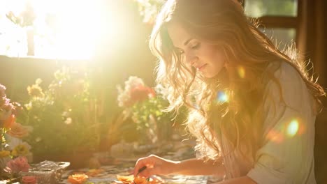 woman arranging flowers indoors during sunset by a sunlit window