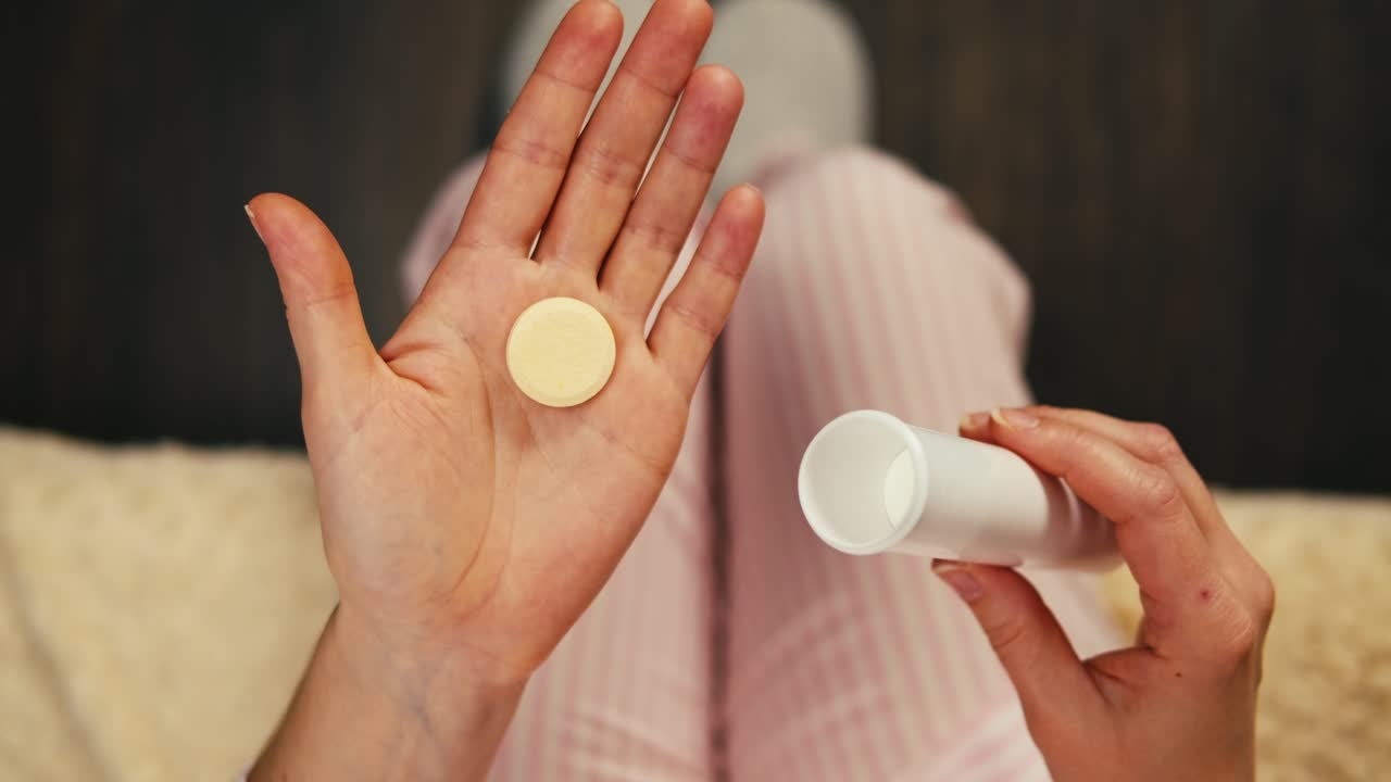 알약 과 의약품 용기 를 들고 있는 여자