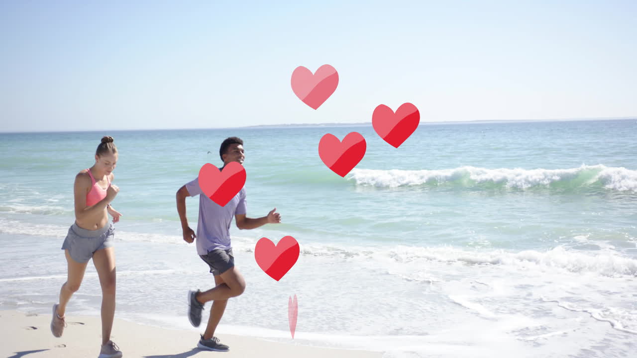 해변에서 달리는 다양한 커플에 대한 빨간 심장의 애니메이션