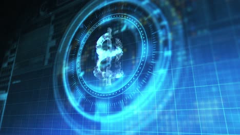 animación del círculo de procesamiento con bitcoin giratorio sobre el espacio digital azul y negro