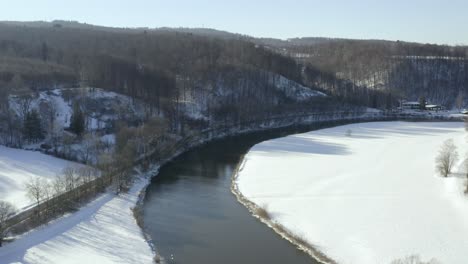 drone aerial of scenic and relaxing winter landscapes in germany