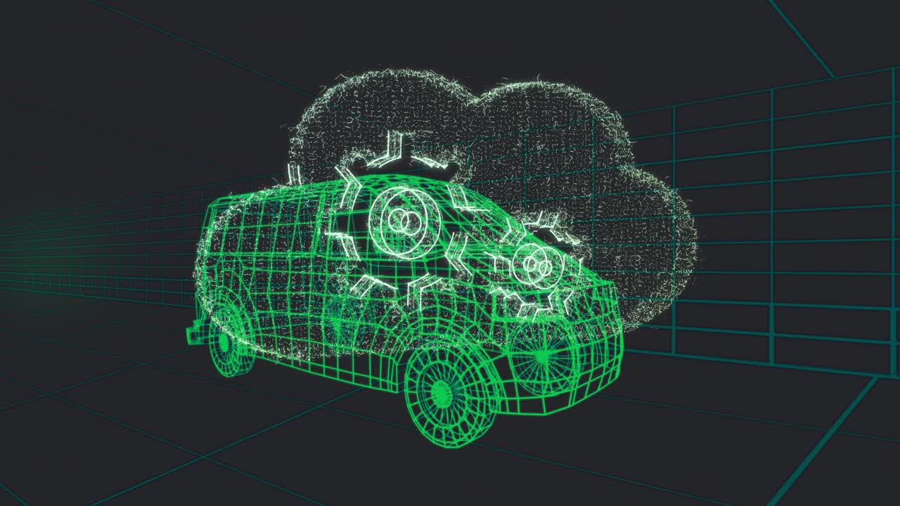 Neon-green wireframe van receiving cyan-white energy strike, forming glowing gear cloud for testing