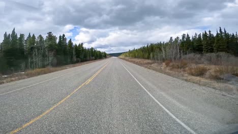 pov, double time - driving on highway 1 through a taiga forest in western yukon territory on in the early spring; concepts alaska highway, travel, wilderness and adventure