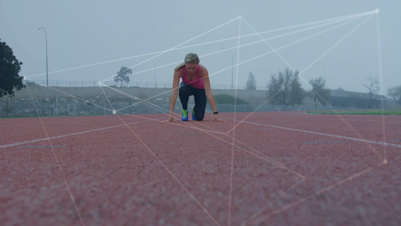 Girl sprinter preparing on sports track, checking watch as animated overlay highlighting form