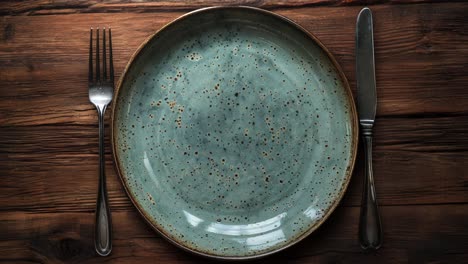 rustic ceramic plate with fork and knife on wood table