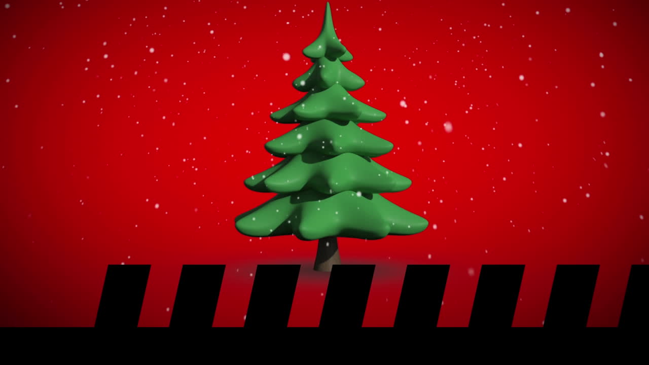 animación de saludos de navidad texto, árbol y nieve cayendo sobre el paisaje de invierno.