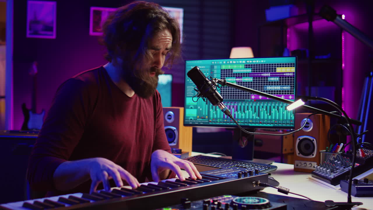 productor de música tocando su canción en el teclado del piano y cantando en el micrófono