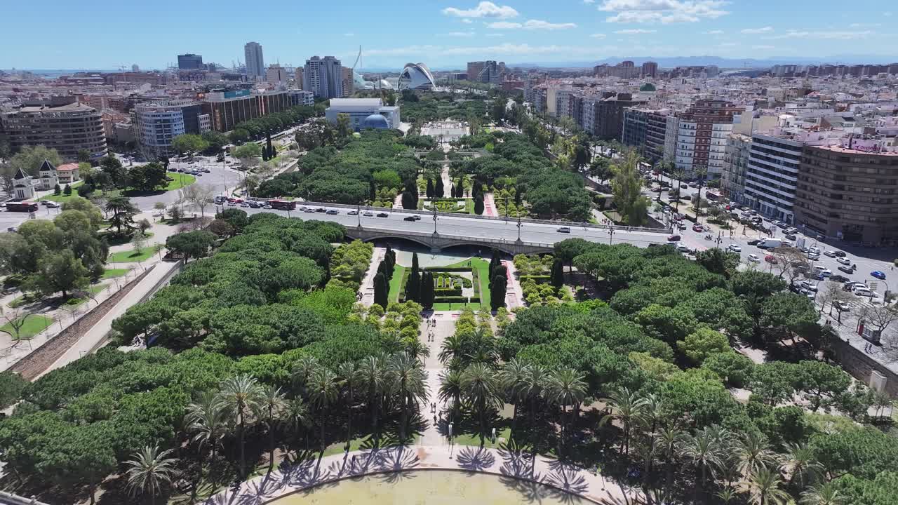 Turia Gardens At Valencia In Valence Community Spain. Leisure Park Scenery. Downtown Cityscape. Valencia At Valence Community Spain. Cultural Heritage Skyline. Urban Scene.