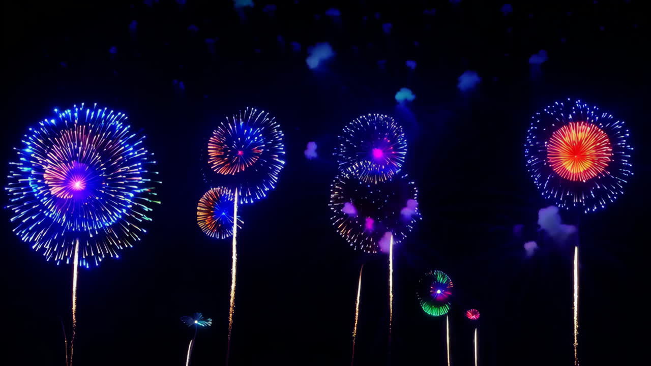 밤 하늘 에서 다채로운 불꽃놀이