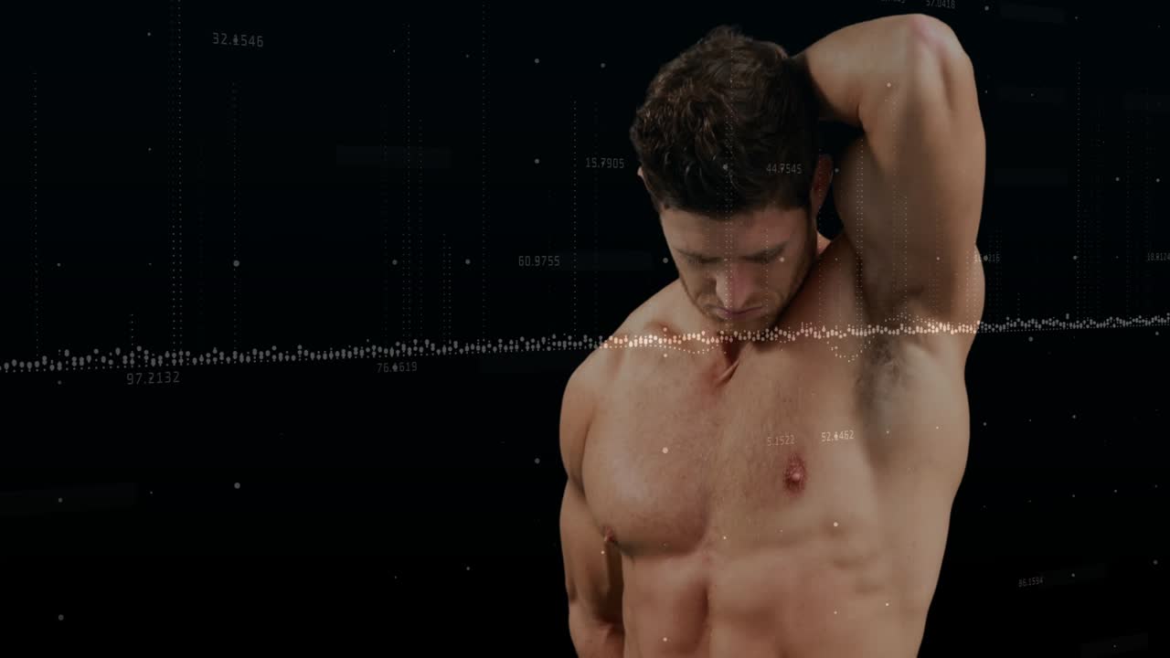 Adult male holding pose and initiating posture shift, revealing waveform across torso for fitness