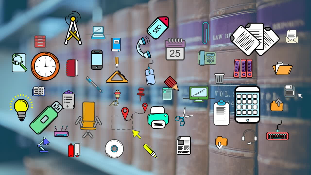 animación de la productividad y los iconos escolares sobre los libros en la estantería