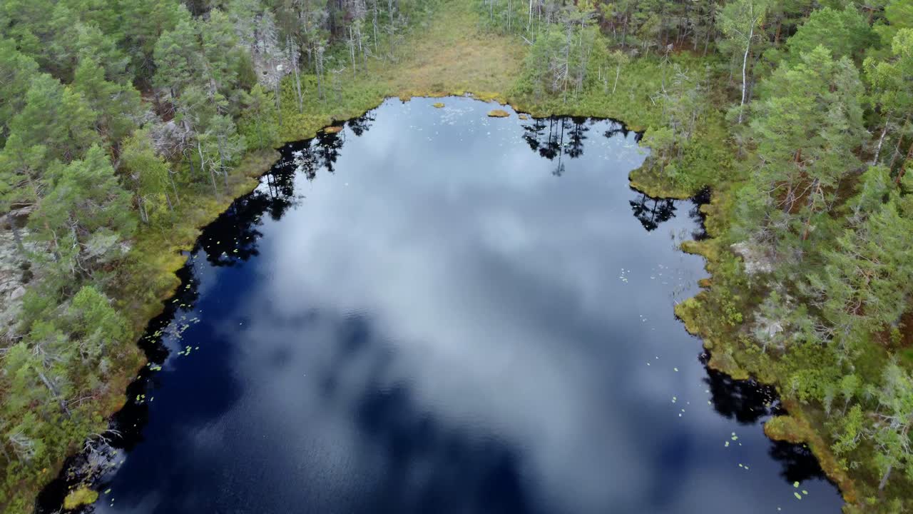 Aerial footage of a small lake deep in the Swedish Dalslands