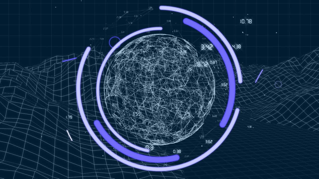 Animation of globe, diverse shapes, eye and numbers over metaverse space
