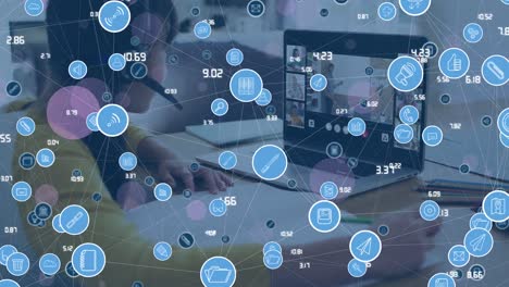 Animation-of-network-of-connections-over-asian-schoolgirl-having-video-call-with-colleagues