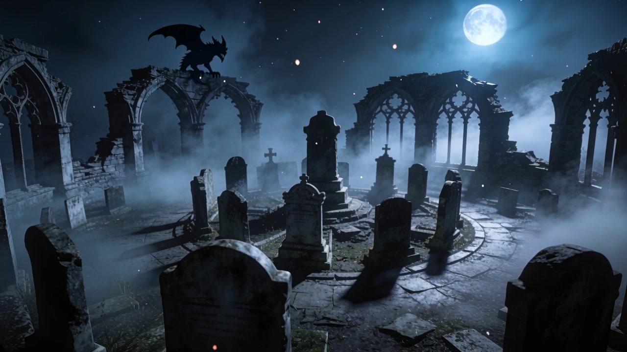 Vento che agita sollevando nebbia e braci, luna piena che illumina tombe ad anello e cripta centrale, corvo che vola