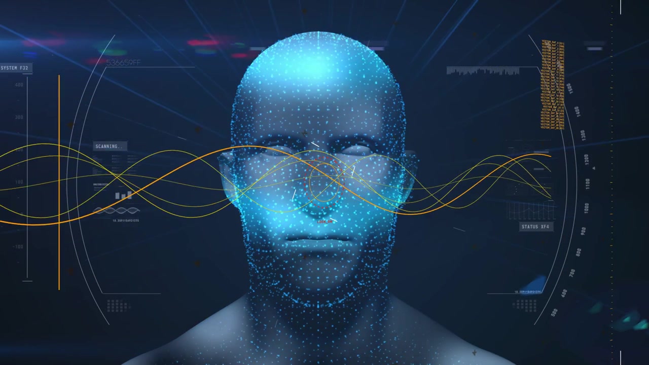 Onde Sinusoidali Oscillanti che Avviano una Testa a Nuvola di Punti, HUD che Scansiona Marcatori Facciali per Scansione Biometrica