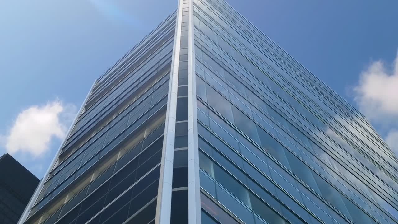 Un moderno rascacielos de vidrio que refleja el cielo azul y las nubes