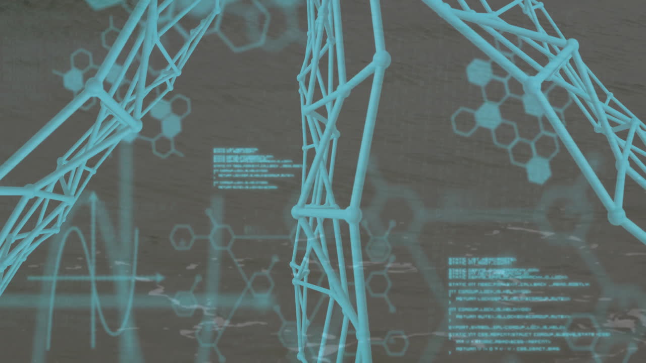 Rete a reticolo turchese luminosa in un'interfaccia digitale, che mostra diagrammi chimici e un'onda sinusoidale.