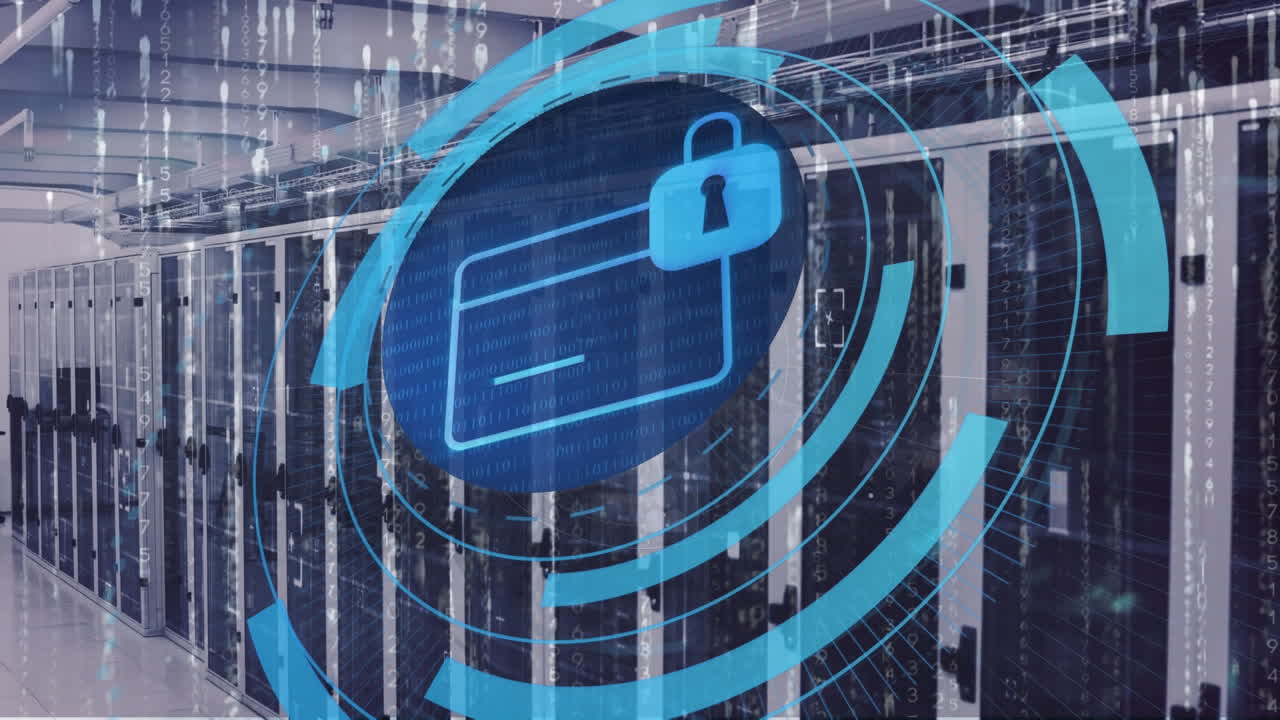 Animation of card with digital padlock in circles over servers