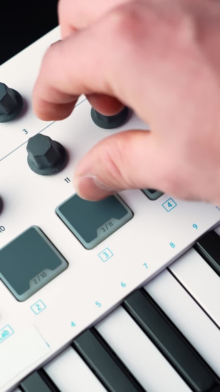 Close-up of a hand turning a knob on a MIDI keyboard controller with pads, adjusting sound settings in a home studio, shallow depth of field, vertical