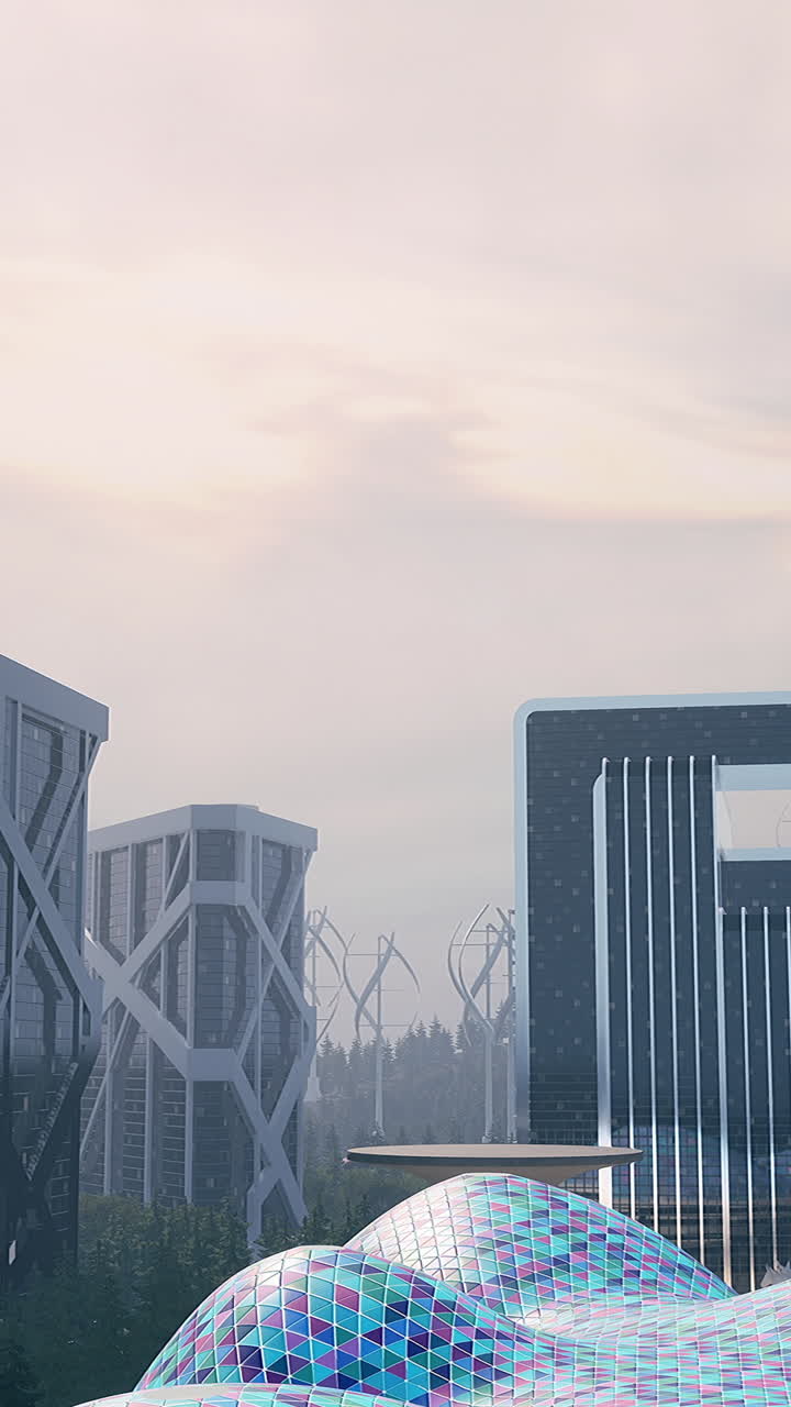 Futuristic cityscape with modern skyscrapers and geometric architecture