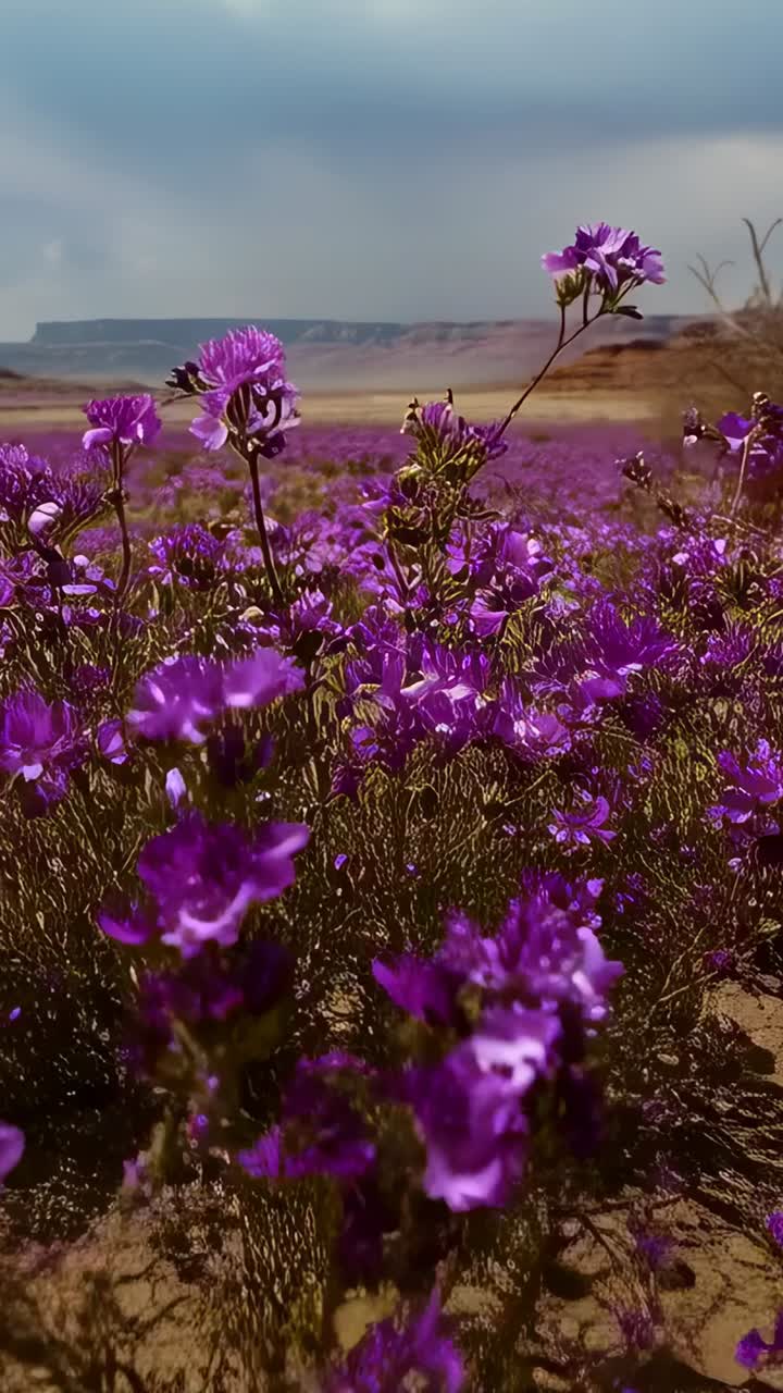 Vertikal video: Kamera som beveger seg fremover over sandsteinslette og viser lilla blomster, fanger insekt