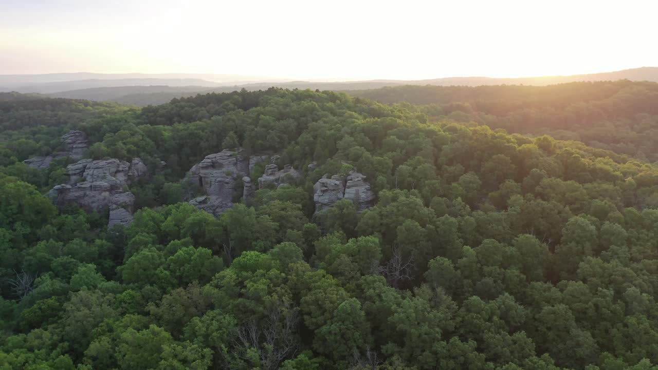acantilado rocoso cubierto de frondosos árboles forestales con amanecer en el horizonte, vista aérea