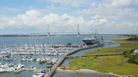 drone pan left over a boat yard on the cooper river in south carolina