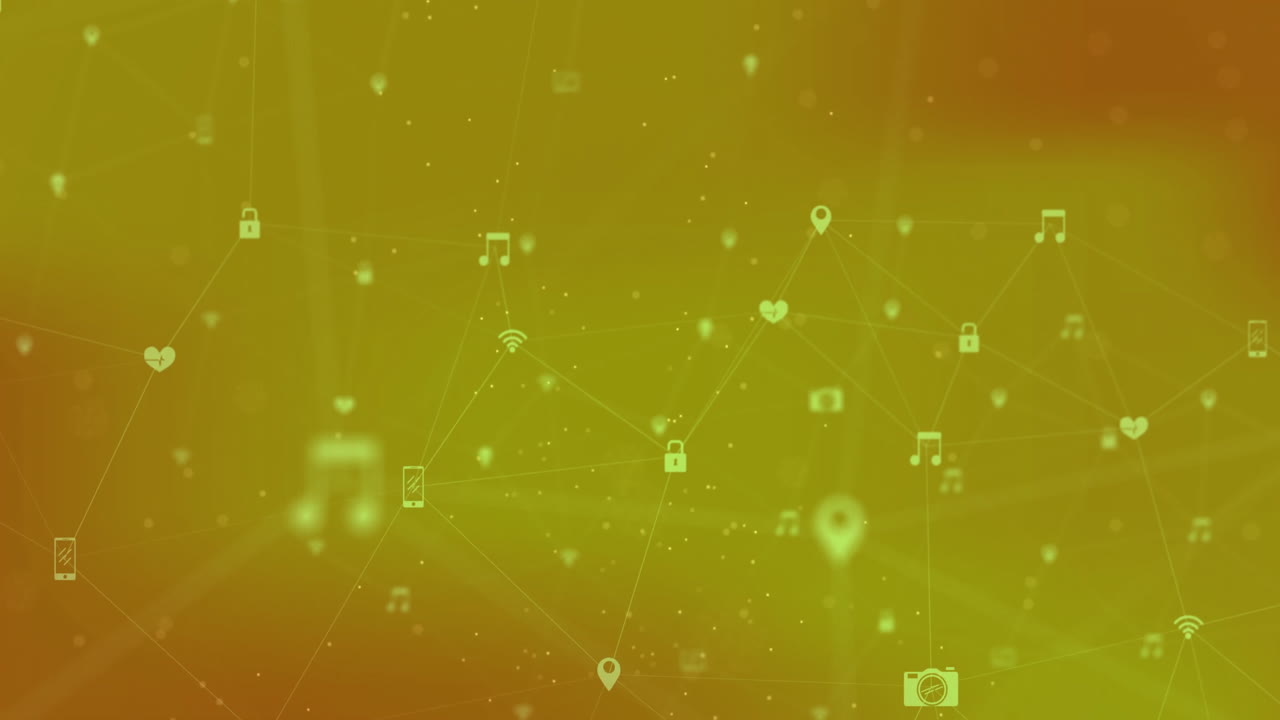 오렌지색 배경에 아이콘으로 연결된 네트워크의 애니메이션