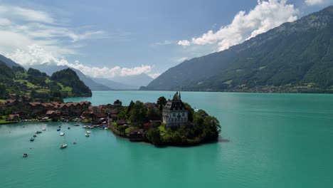 iseltwald village in switzerland shore of lake brienz, aerial swiss nature