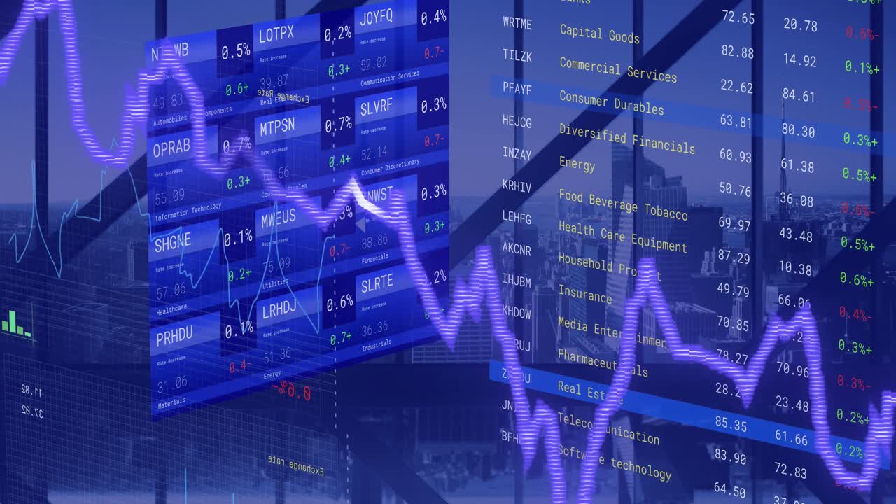 Animation of financial data processing over cityscape
