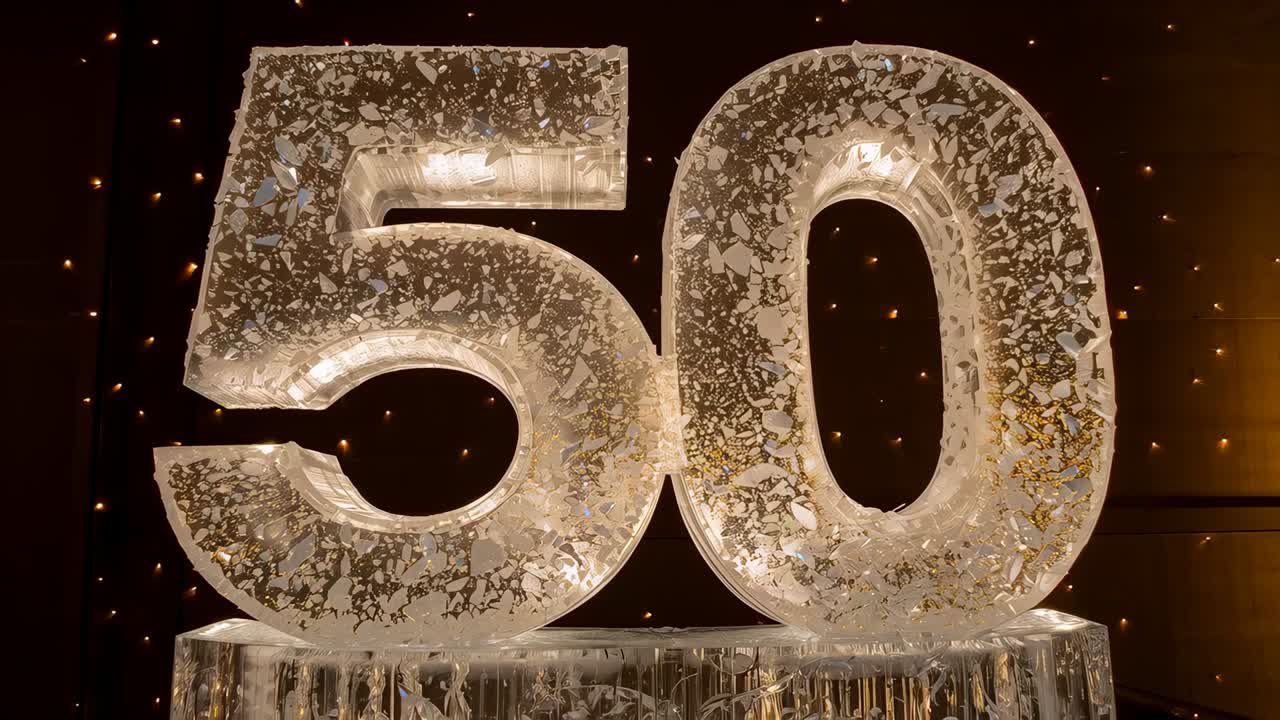 Flickering lights causing ice 50 sculpture on pedestal catching gold flakes for party at event hall