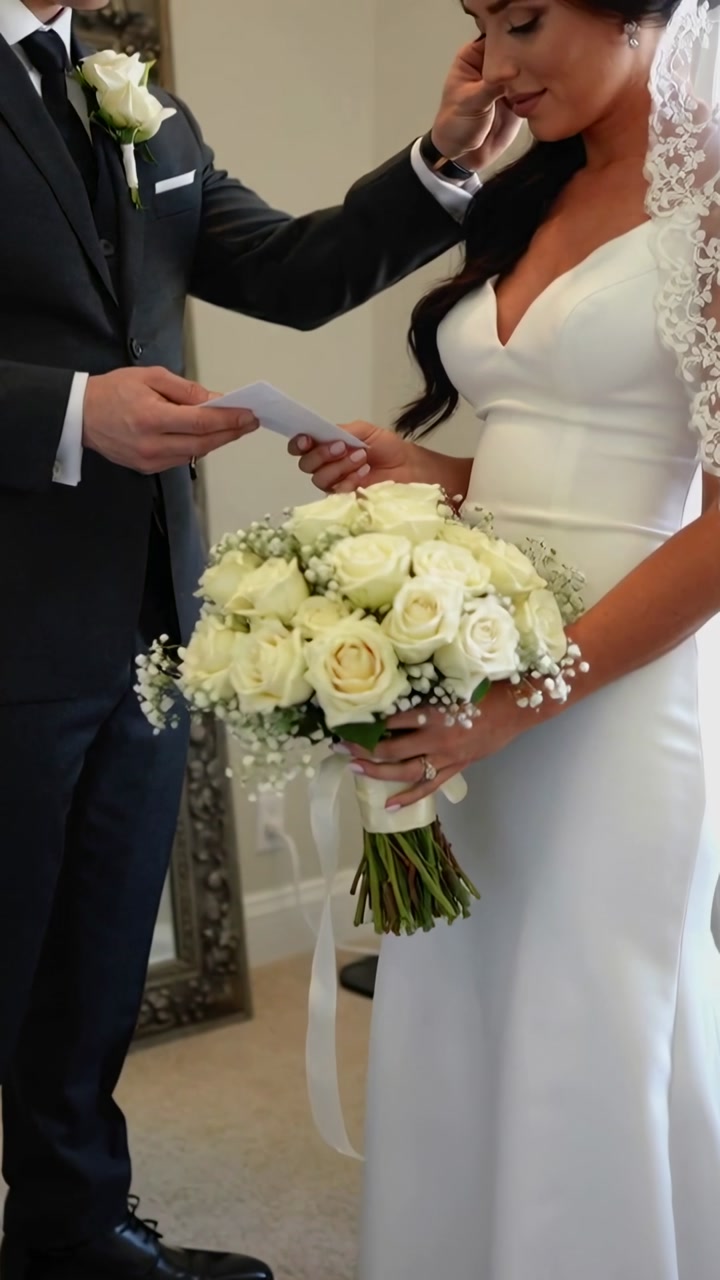 Vertical video: Groom reading folded vows and brushing bride's cheek during wedding, bouquet nearby