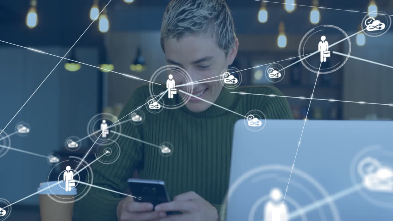 animación de la red de conexiones a través de una mujer de negocios caucásica que utiliza un teléfono inteligente en la oficina