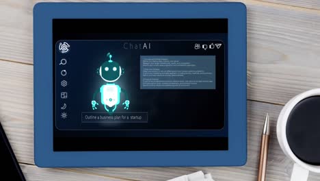 Animation-of-tablet-screen-with-ai-chatbot-icon-and-data-processing