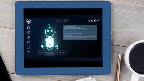 animación de la pantalla de la tableta con icono de chatbot y procesamiento de datos