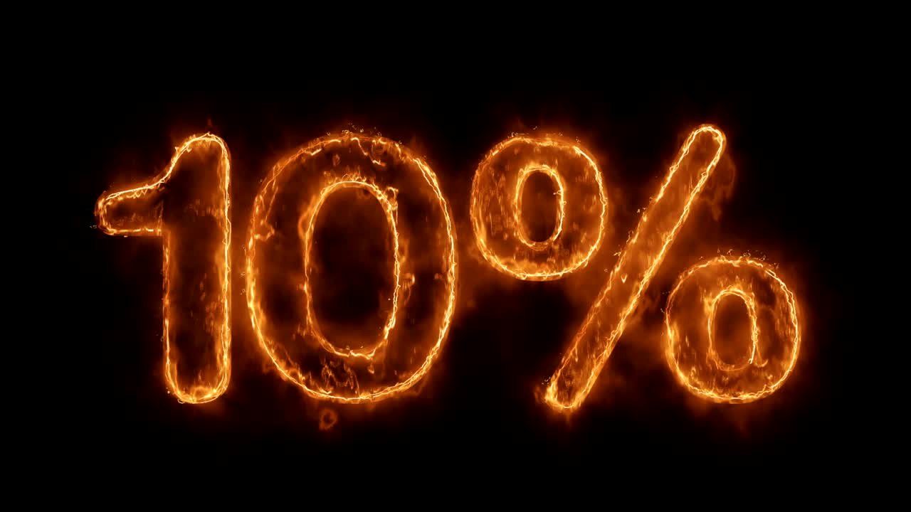 10% de descuento en palabras animadas calientes que queman un bucle de llamas de fuego realista.