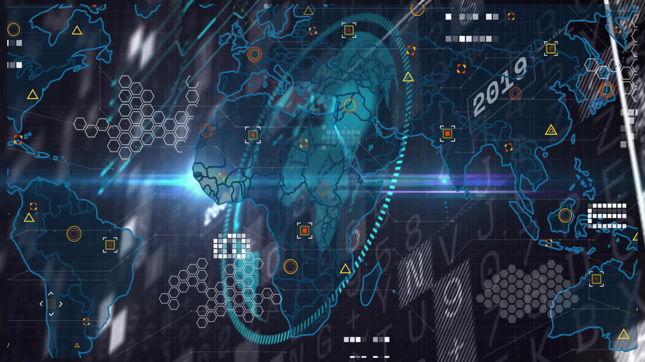 Digital world map with data processing and network connections animation