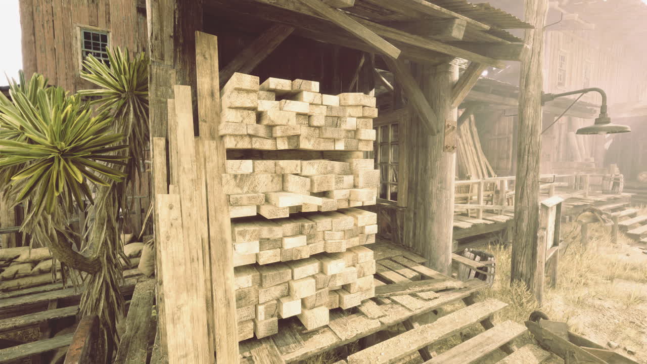 Wooden planks stacked outside a rustic structure in an arid landscape