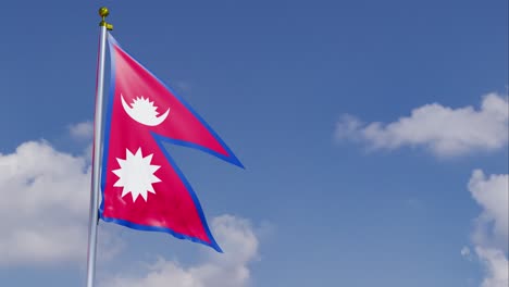 Flag-Of-Nepal-Moving-In-The-Wind-With-A-Clear-Blue-Sky-In-The-Background,-Clouds-Slowly-Moving,-Flagpole,-Slow-Motion