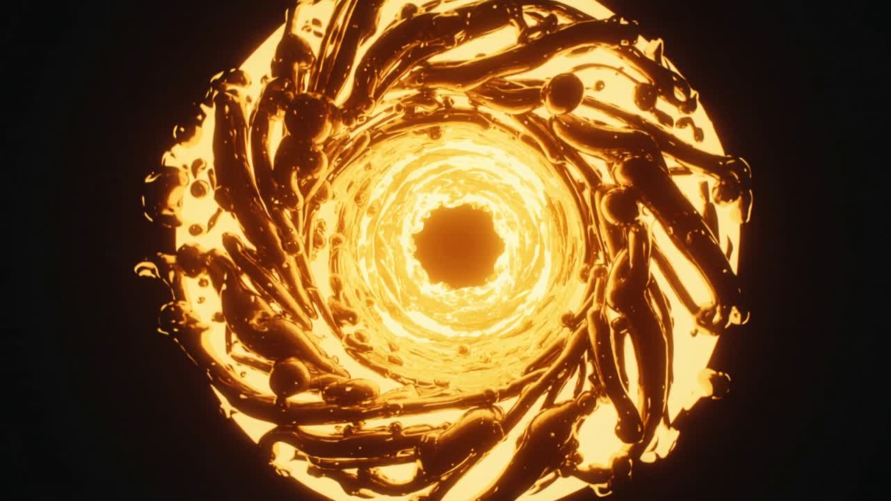 Rotating molten vortex around luminous core forming initial spiral in dark void, droplets rejoining