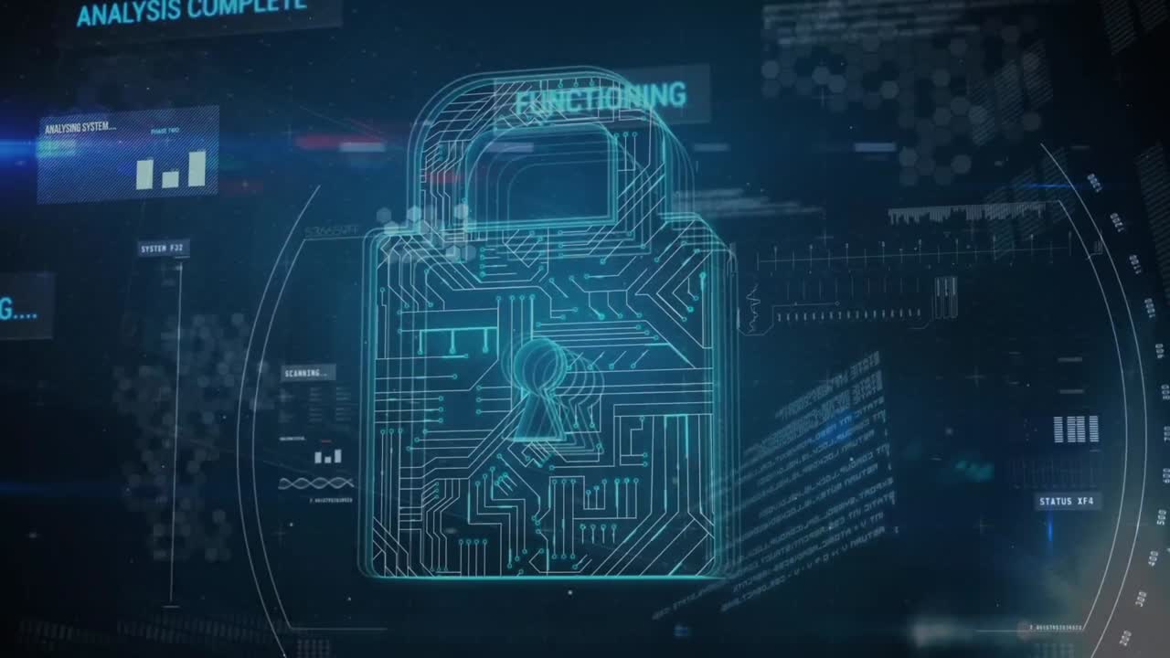 Animation of data and digital padlock on blue background