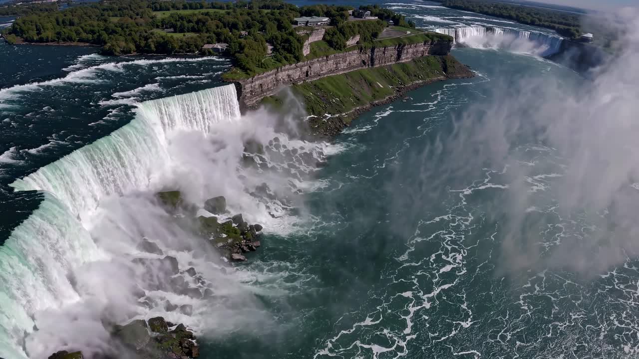 Aerial video captures majestic waterfalls cascading into turbulent waters, showcasing nature's power
