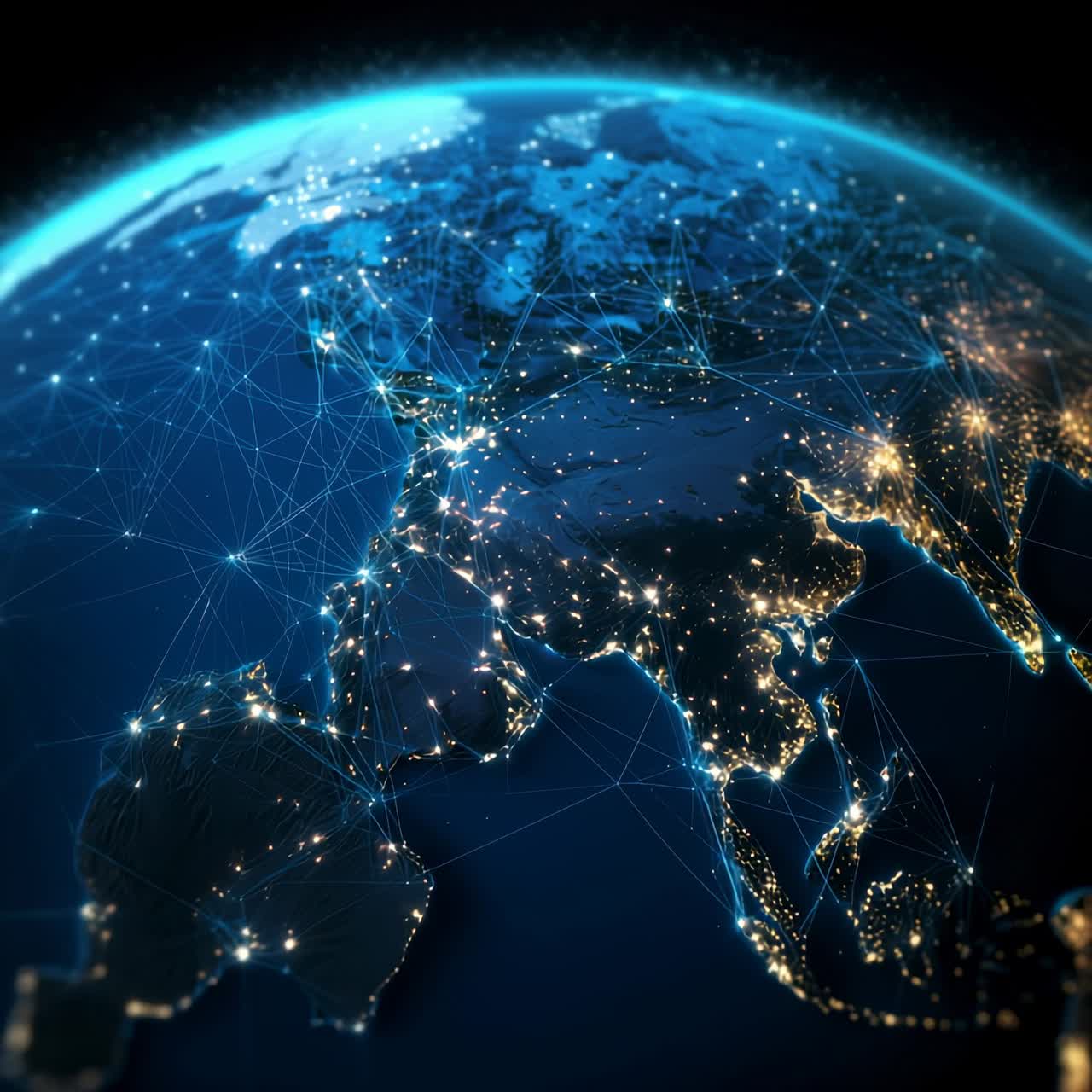 Aerial view of Earth at night with glowing city lights and network lines, creating a futuristic