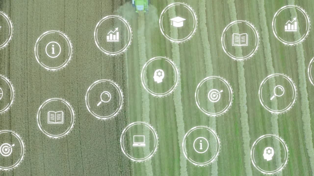Animation of education and technology icons overlaying aerial view of farmland