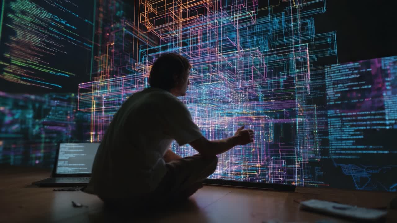 A Person Engaged in Deep Interaction with a Dynamic Digital Environment, Surrounded by Layered Geometric Patterns and Brightly Colored Data Visualizations Reflecting Advanced Computer Technology