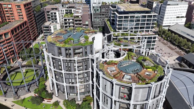 Jardins no telhado, Parque Gasholder, Londres Kings Cross. Vista aérea de drone.