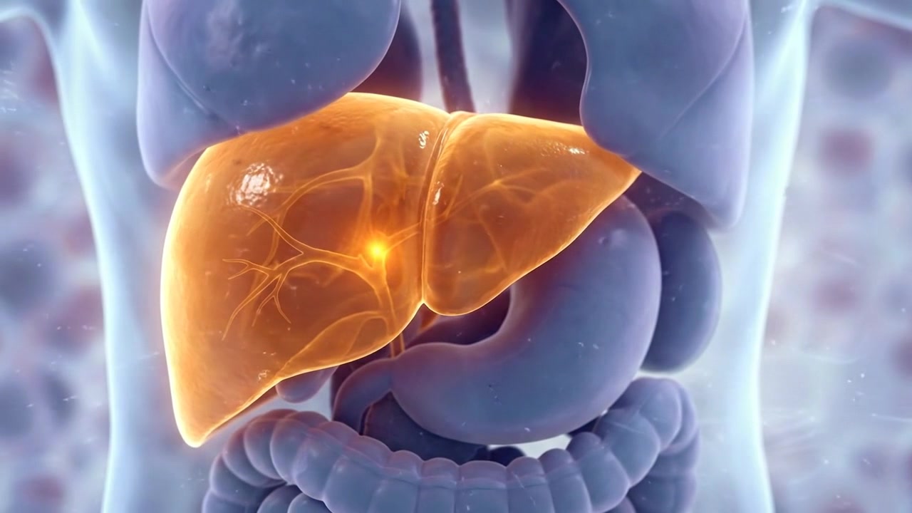 Glowing orange human liver highlighted inside transparent upper torso medical visualization