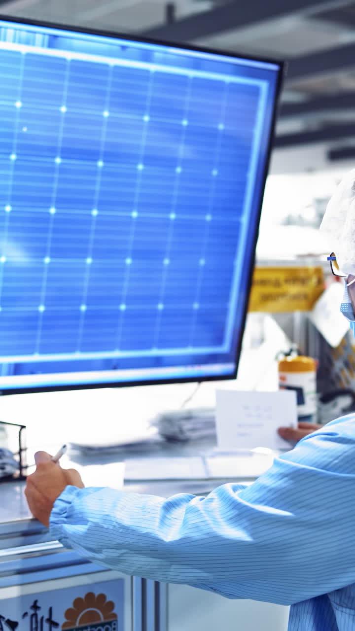 Man working with computer at a modern factory. Worker in special uniform with mask looking at screen of a monitor on industrial plant. Vertical video